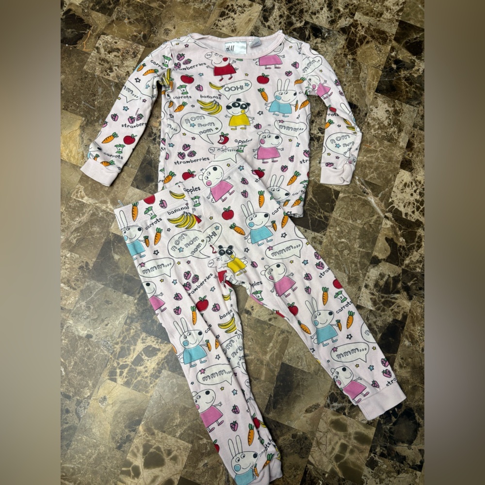 H&M Pink Bunny & Fruit Print Kids Pajama Set